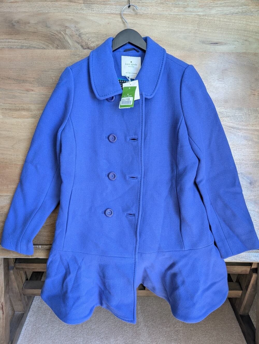 NWT Kate Spade Hope Coat Womens L Blue Wool Double Breasted Ruffle Hem OULU 0396